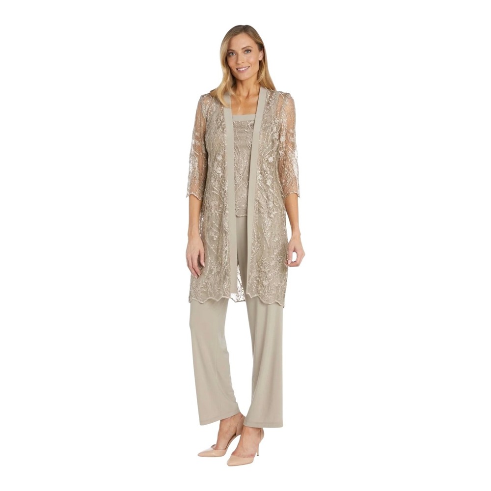 R&M Richards 14W 3 Piece Pant Suit Champagne Lace Sequin Mother of Bride NWT